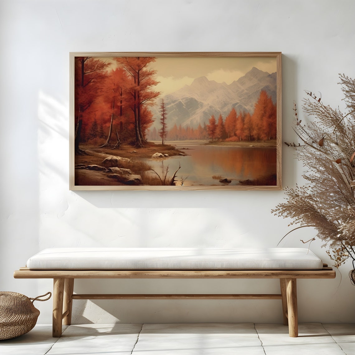 Fiery Autumn Trees by a Mountain Lake Fall Landscape Painting Poster - Image 3