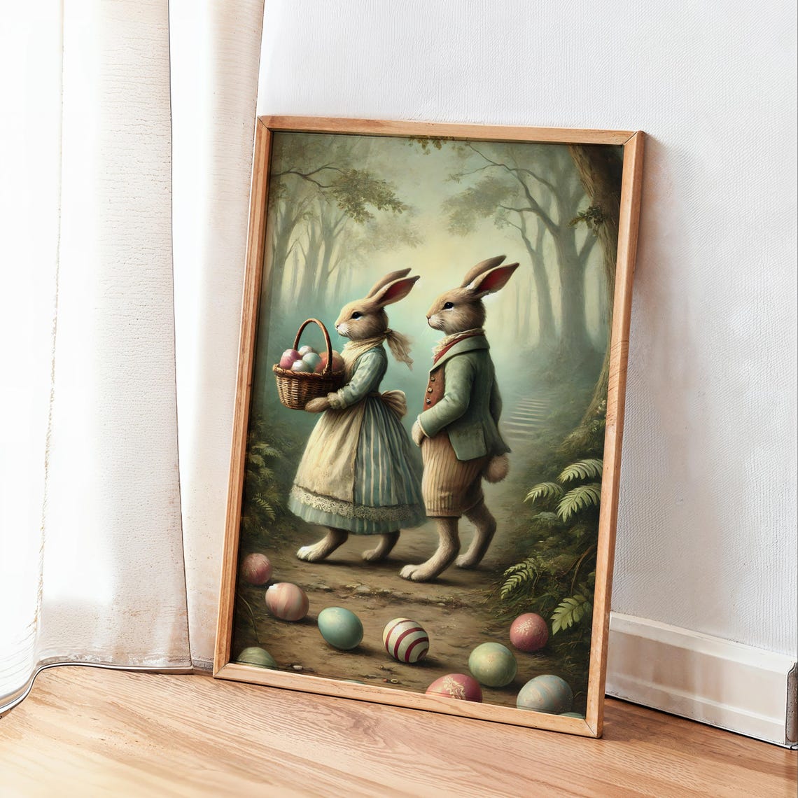 Bunny Couple Strolling in the Forest Easter Eggs Vintage Poster - Image 3