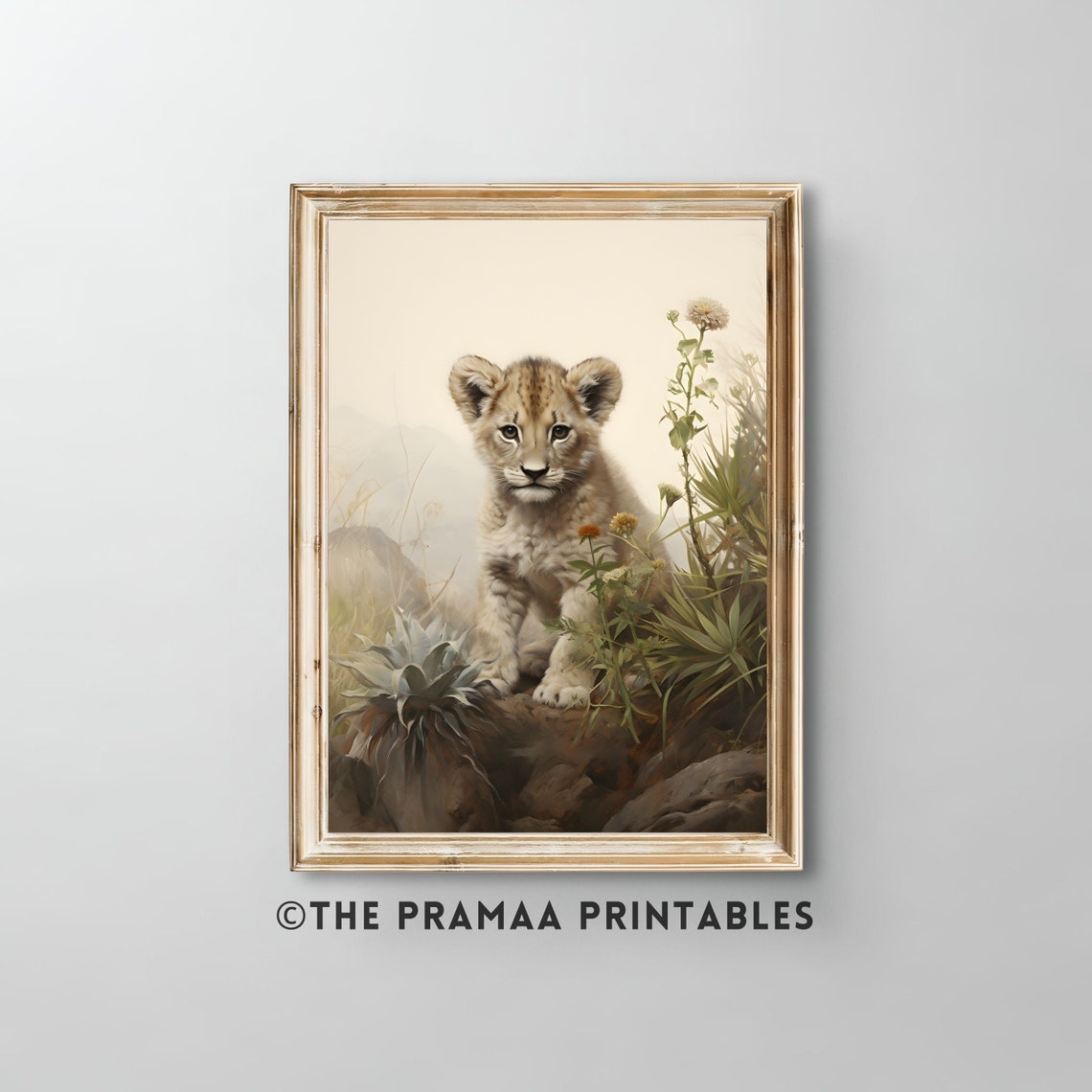 Cute Lion Cub Among Wildflowers Vintage Safari Nursery Wall Art