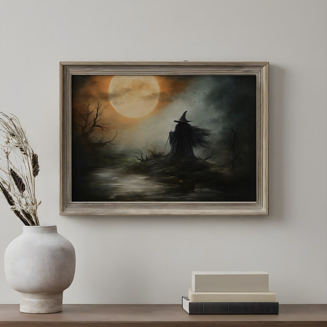 Witch Silhouette Under Full Moon Spooky Halloween Painting Poster - Image 2