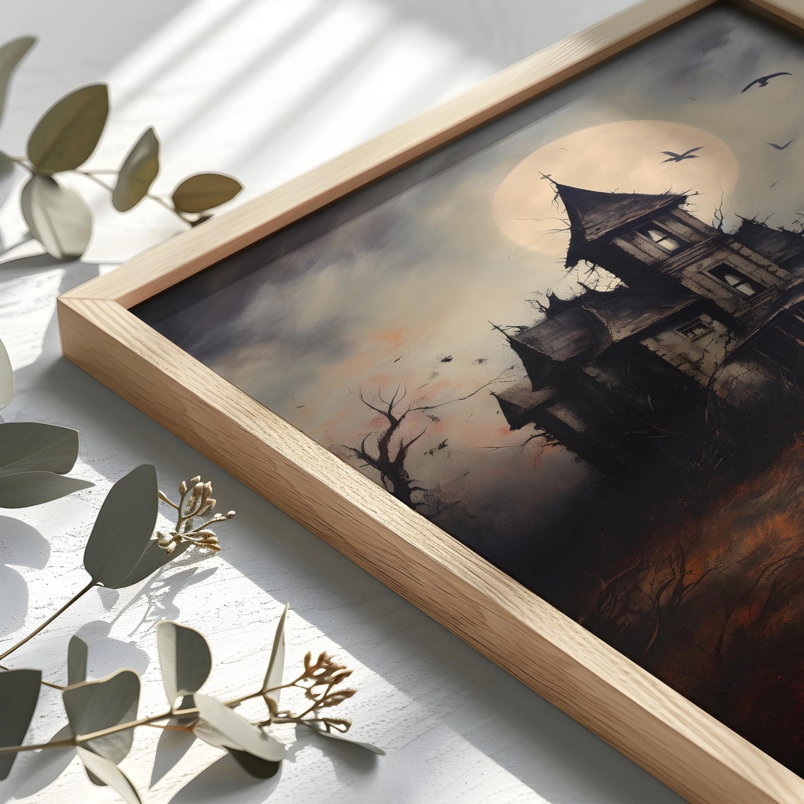 Haunted House Under Full Moon Vintage Spooky Painting Poster - Image 2
