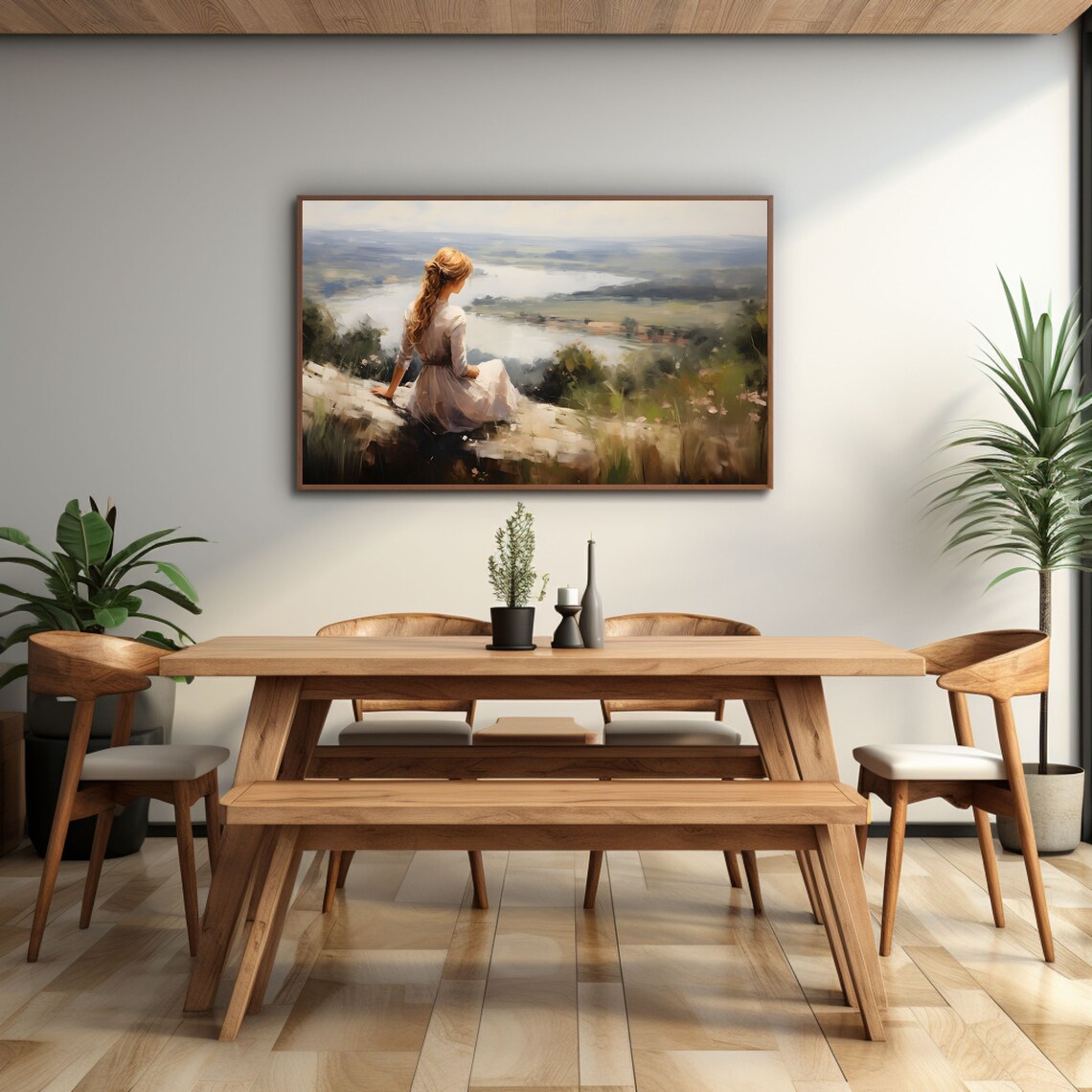 Woman Overlooking River Valley Vintage Impressionist Painting Poster - Image 3