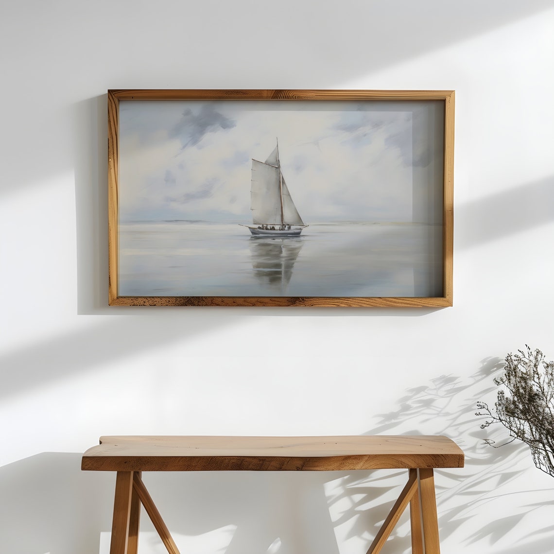Lone Sailboat on a Calm Misty Sea Minimalist Nautical Painting Poster - Image 3