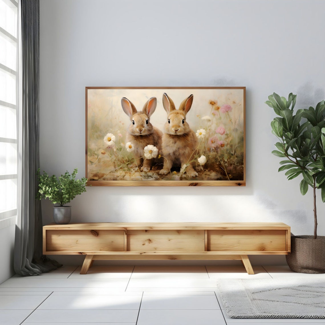 Two Brown Bunnies in Wildflower Meadow Vintage Spring Rabbit Poster - Image 3