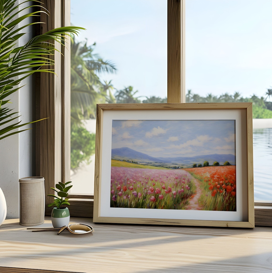 Pink Poppy Field Path to Blue Mountains Vintage Floral Painting Poster - Image 2