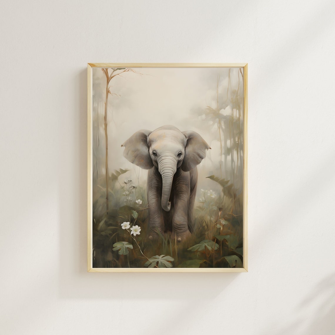Baby Elephant In Misty Jungle Vintage Style Nursery Wall Art - Image 3