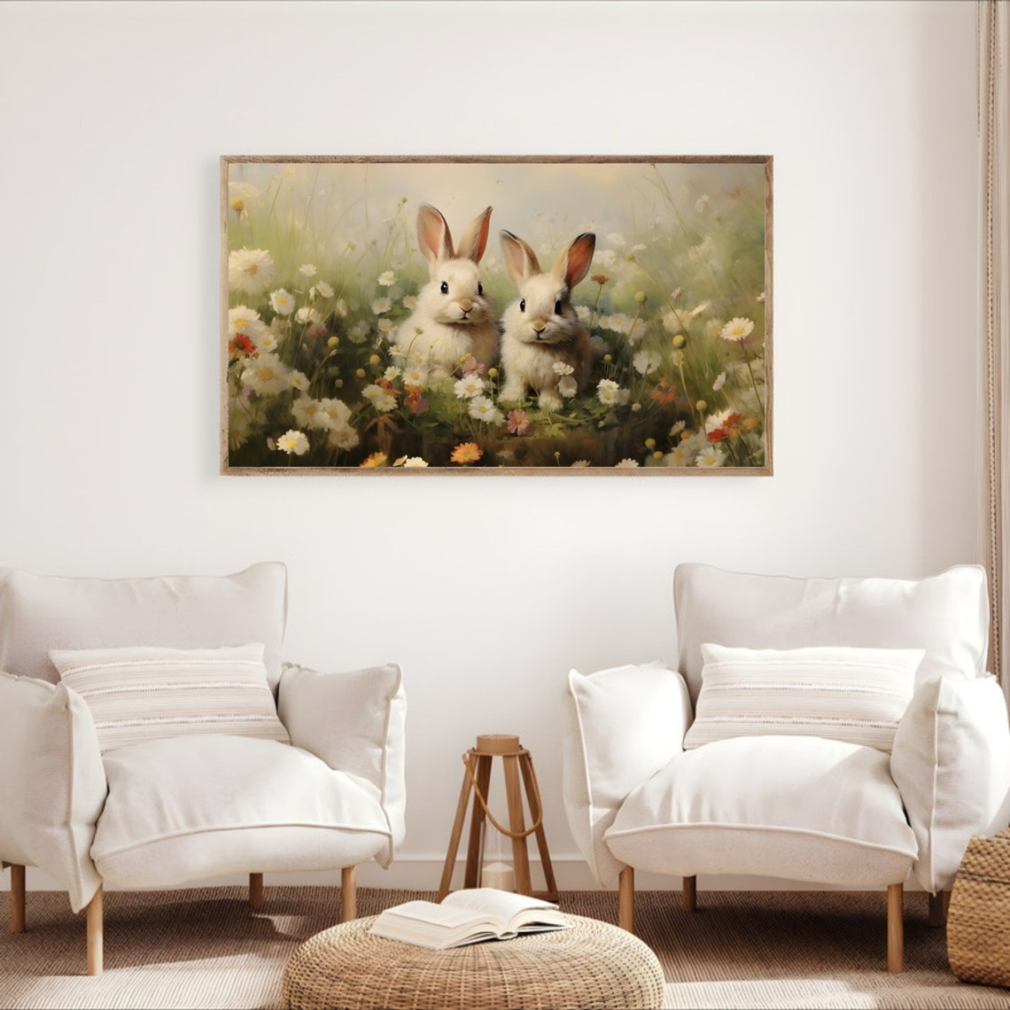 Two White Bunnies in Daisy Field Vintage Spring Rabbit Poster - Image 3
