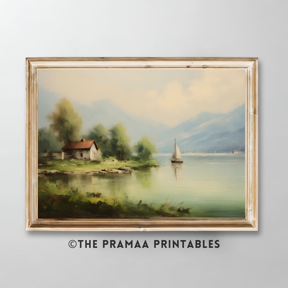 Vintage Summer Landscape Painting Antique Sailboat Wall Art Moody Lake House Print Farmhouse Decor Nature Mountains Poster