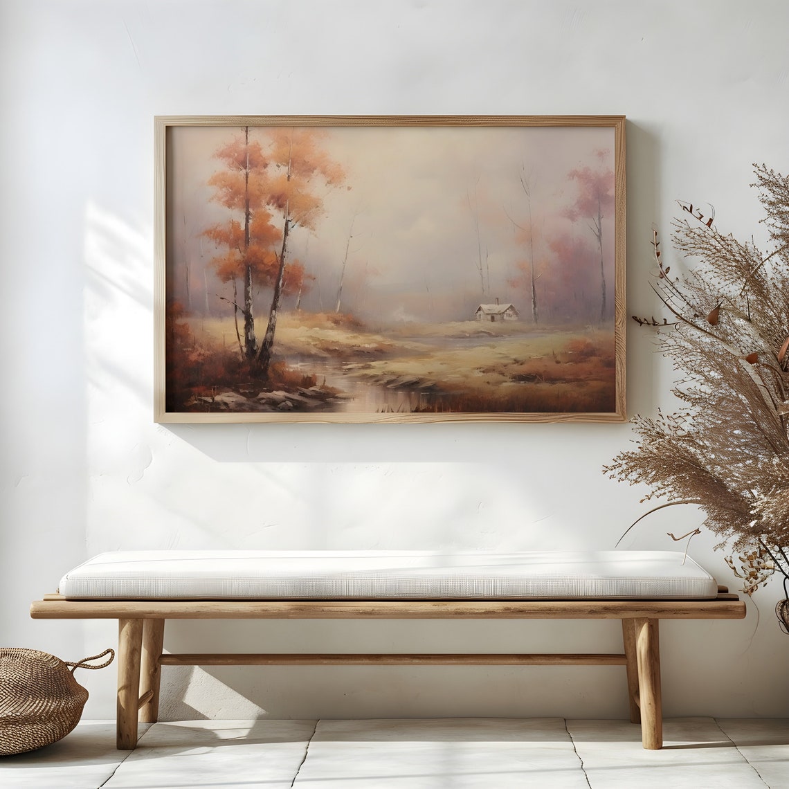 Autumn Cabin by a Stream with Birch Trees Misty Fall Painting Poster - Image 3