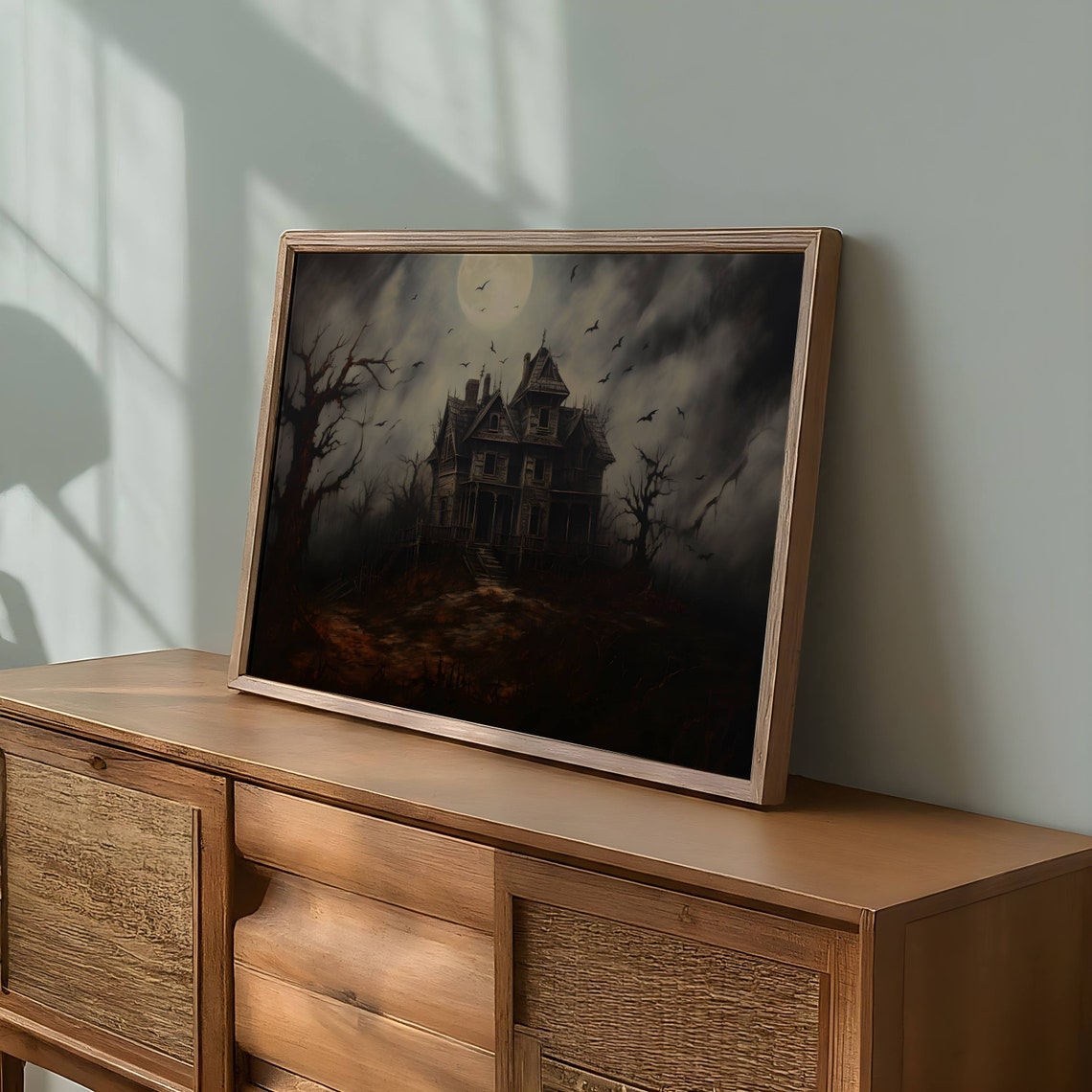 Haunted Victorian Mansion Full Moon Night Crows Spooky Poster - Image 2