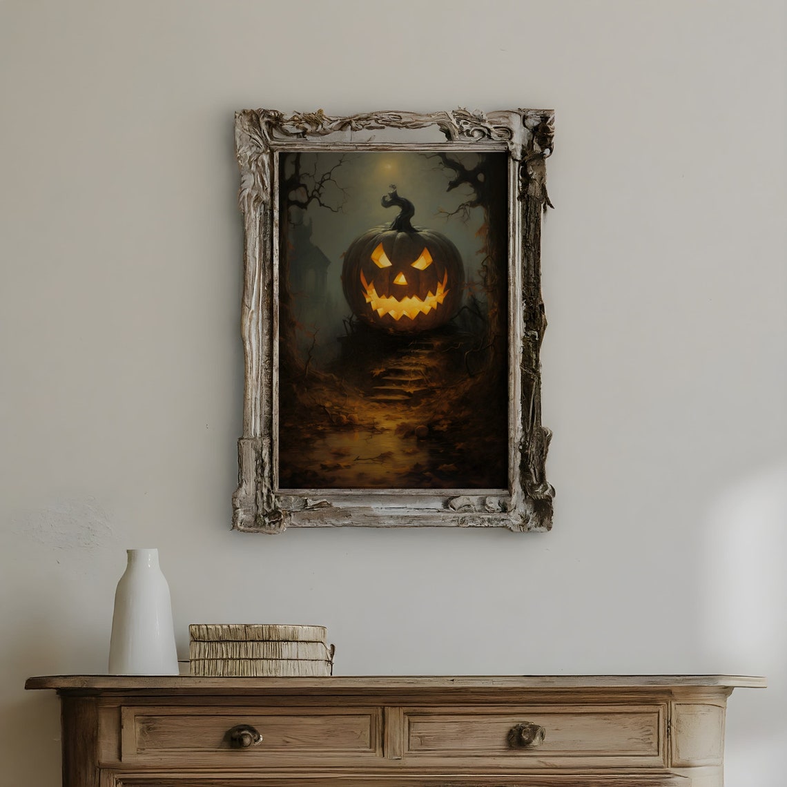 Glowing Jack O Lantern Haunted Forest Steps Halloween Night Poster - Image 3