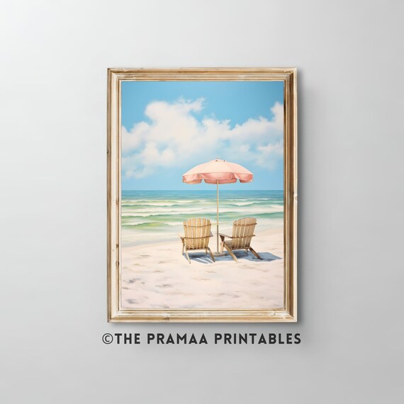 Pink Beach Umbrella and Chairs on a Sunny Tropical Shore Painting Poster