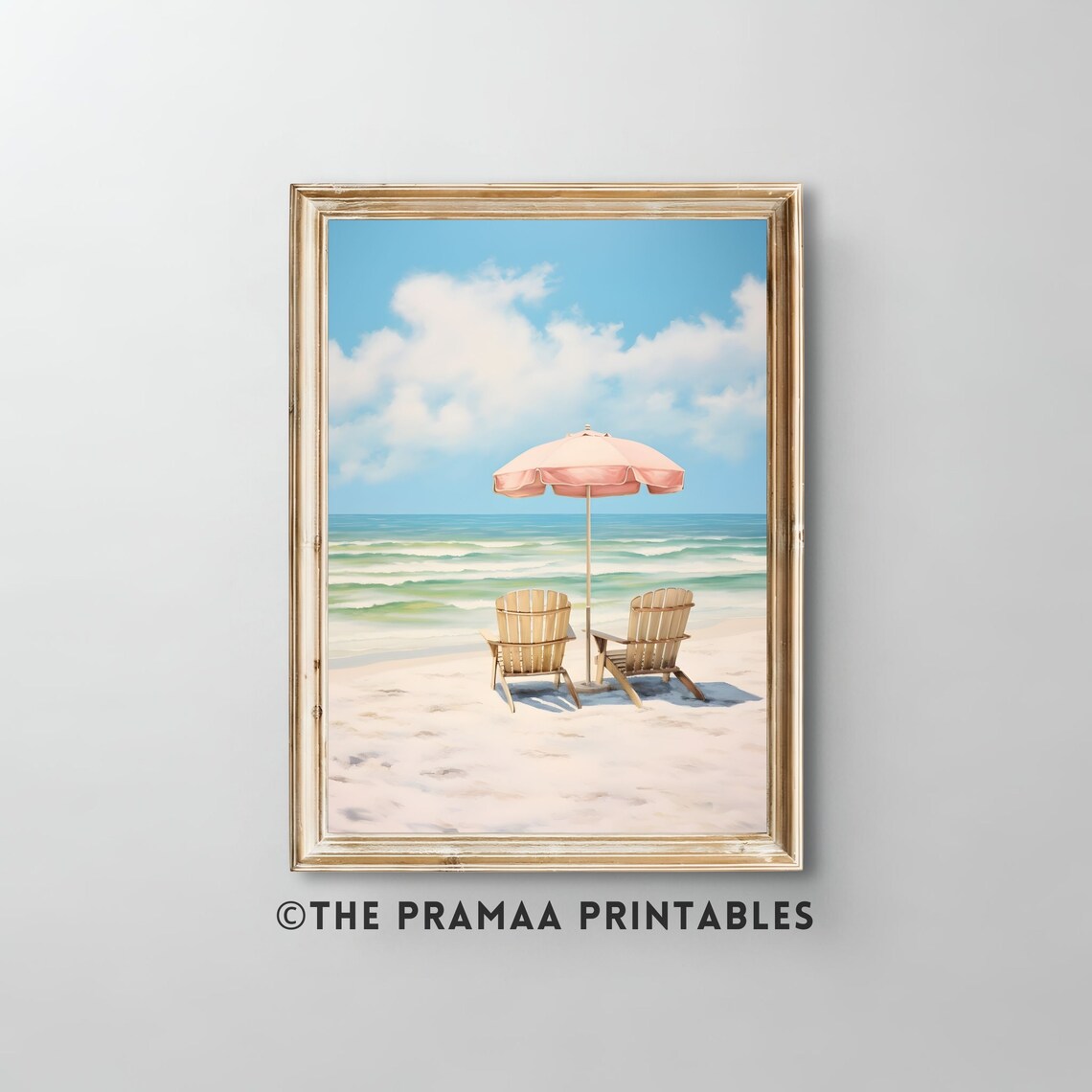Pink Beach Umbrella and Chairs on a Sunny Tropical Shore Painting Poster