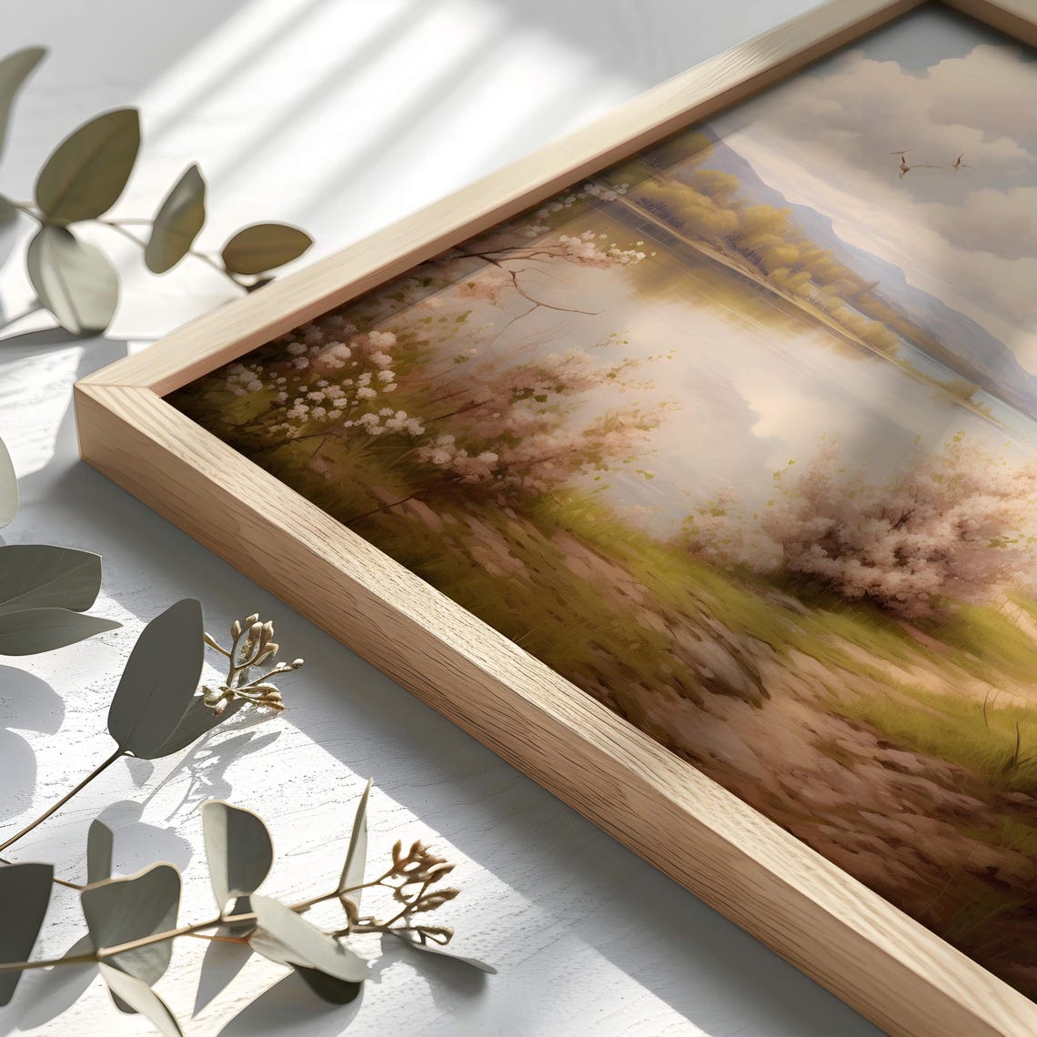 Cherry Blossom Tree by a Calm Lake Spring Landscape Painting Poster - Image 2