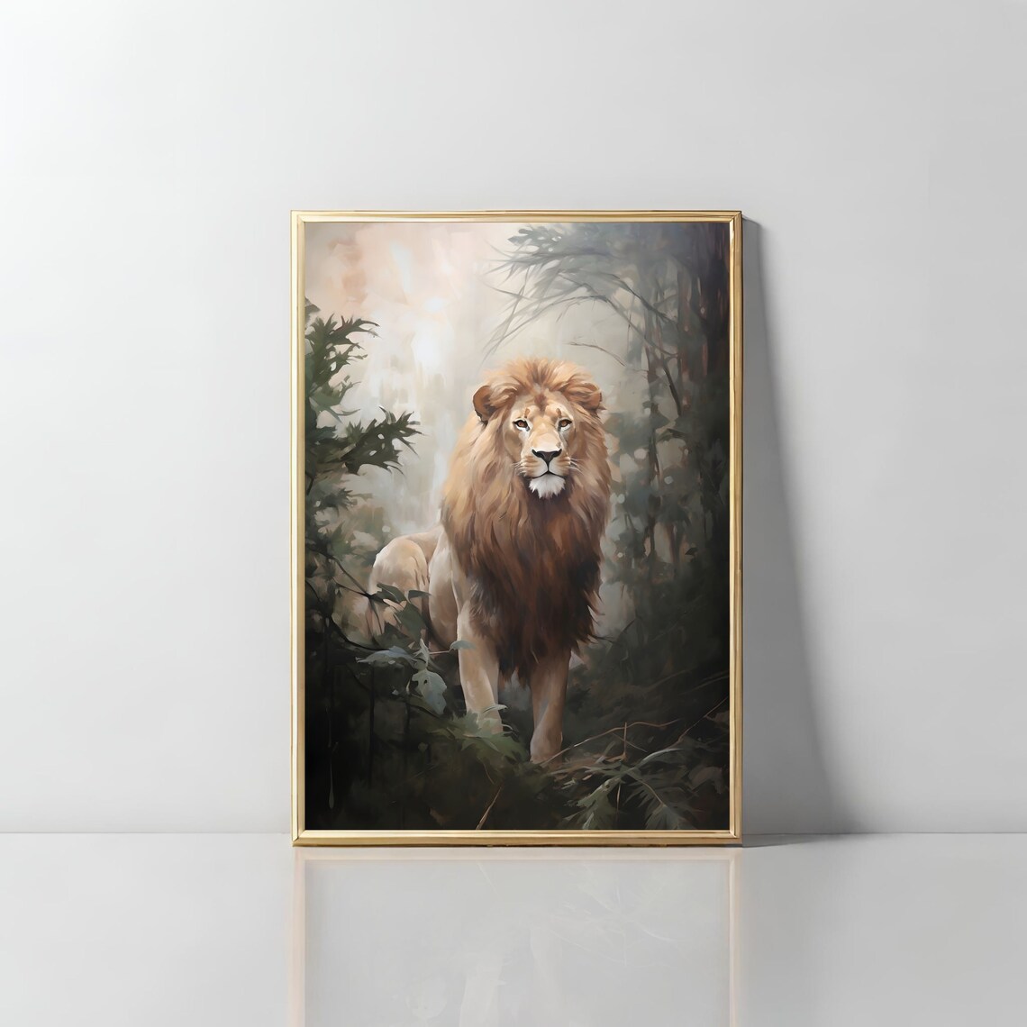 Majestic Lion in Misty Forest Vintage Wildlife Portrait Poster - Image 2