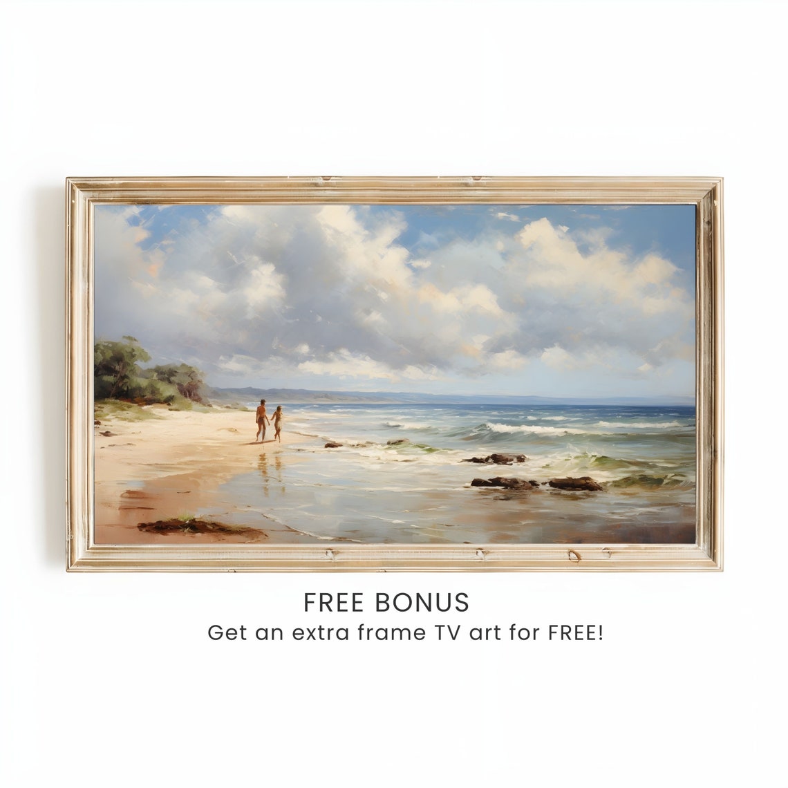 Couple Walking on Sandy Beach Vintage Coastal Painting Poster - Image 2
