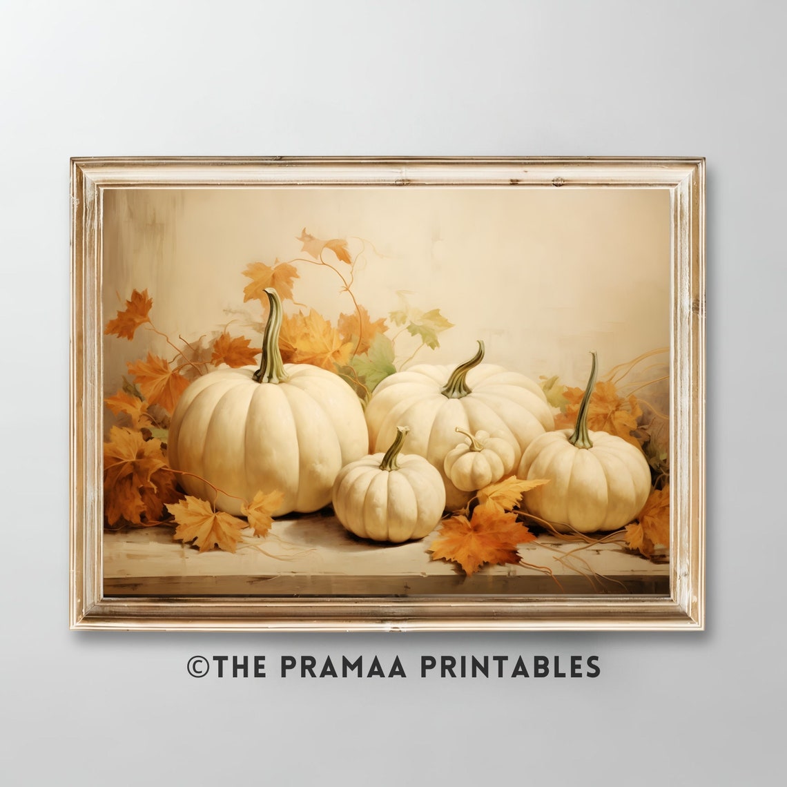 White Pumpkins with Autumn Leaves Rustic Fall Still Life Poster