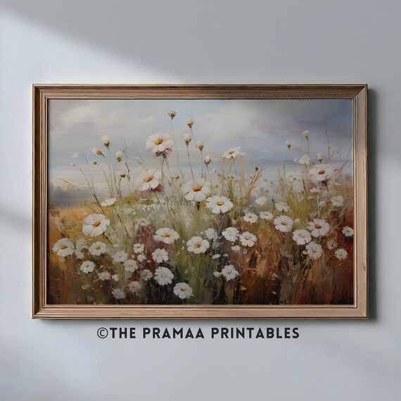 Impressionist Daisy Meadow Wildflower Field Painting Wall Art