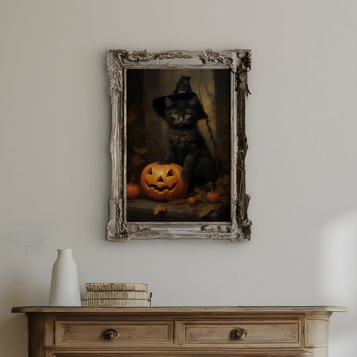 Black Kitten in Witch Hat with Jack O Lantern Halloween Poster - Image 3