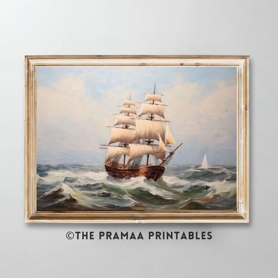Tall Ship Sailing Rough Seas Vintage Nautical Painting Poster