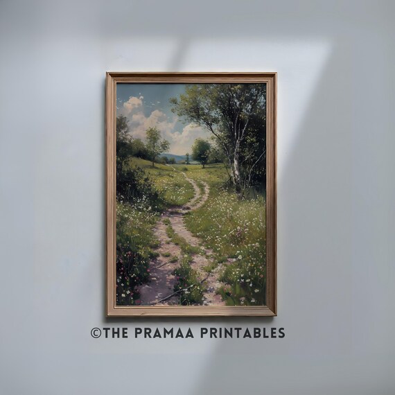 Winding Country Path Through Wildflower Meadow Vintage Poster