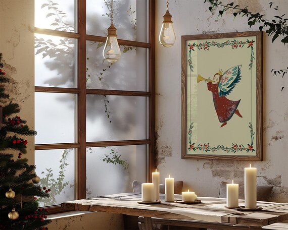 Christmas Angel Blowing Trumpet In Red Dress Festive Holiday Poster