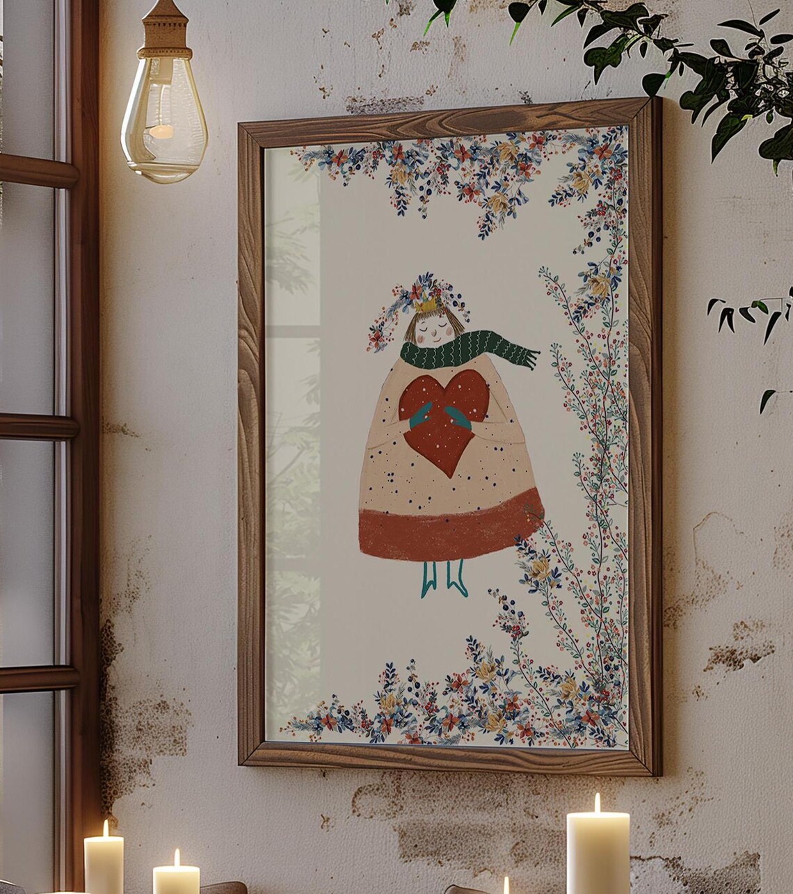 Winter Girl Holding Red Heart In Floral Frame Cozy Folk Poster