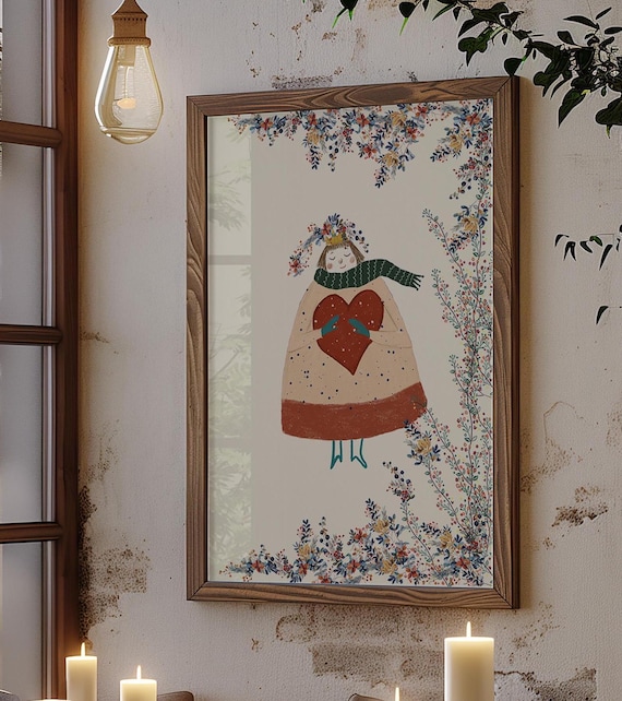 Winter Girl Holding Red Heart In Floral Frame Cozy Folk Poster