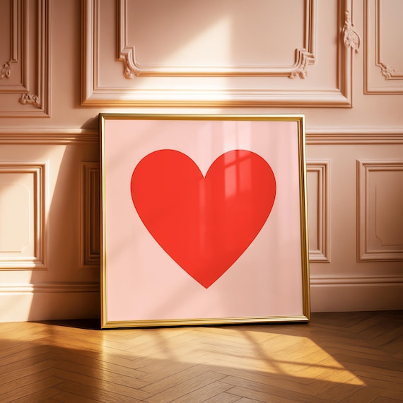 Red Heart Square Art Print Large Bold On Blush Pink Background