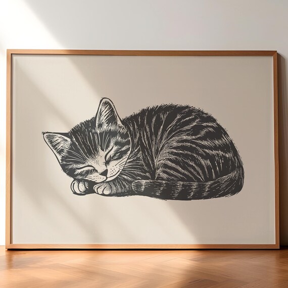 Sleeping Tabby Cat Bold Ink Drawing Cozy Vintage Sketch Poster