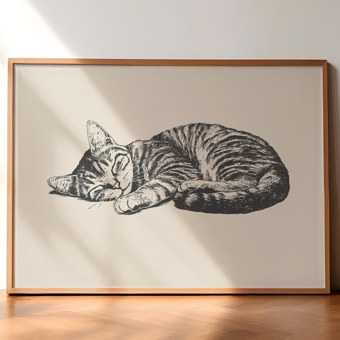 Sleeping Tabby Cat Curled Up Warm Toned Cozy Nursery Sketch Poster