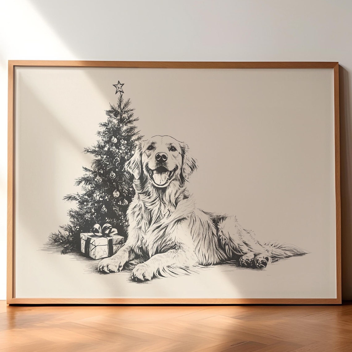 Christmas Golden Retriever Print Retro Christmas Art Print Vintage Holiday Print Vintage Christmas Dog Print Christmas Art Dog Sketch