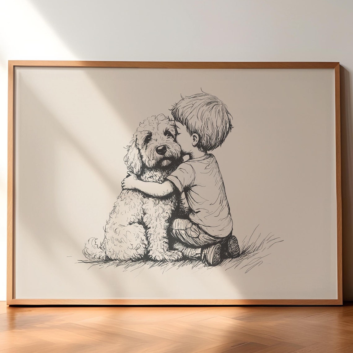 Boy And A Goldendoodle Print Dog Vintage Art Antique Vintage Painting Farmhouse Wall Decor Country Wall Art Dog Drawing Dog Wall Art