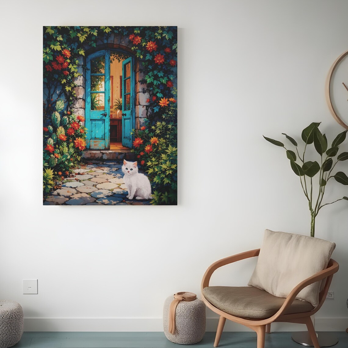 Turquoise Garden Door White Cat Flower Vines Charming Art Poster - Image 2