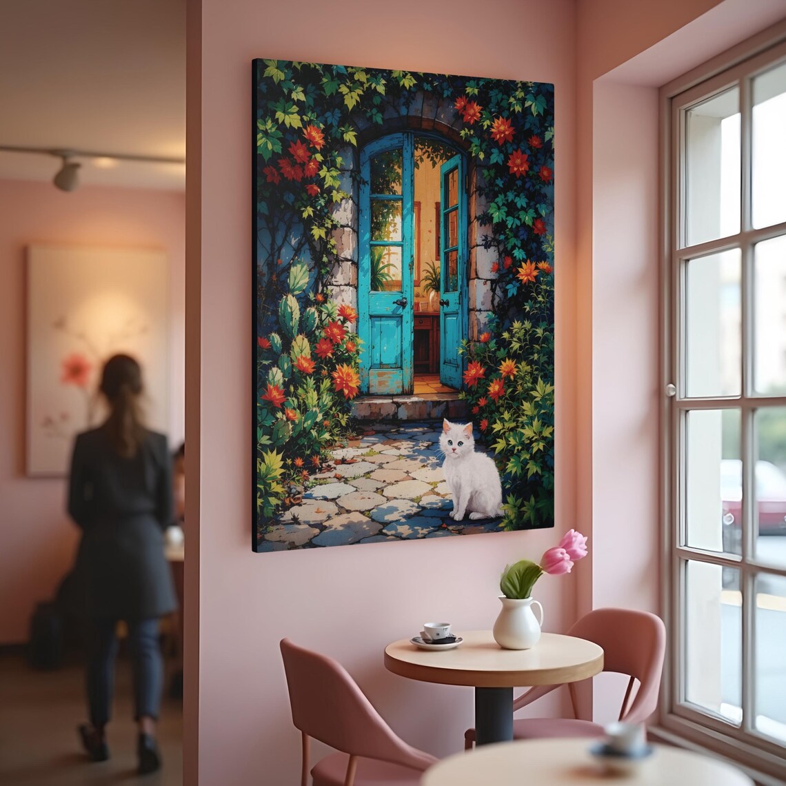 Turquoise Garden Door White Cat Flower Vines Charming Art Poster - Image 5