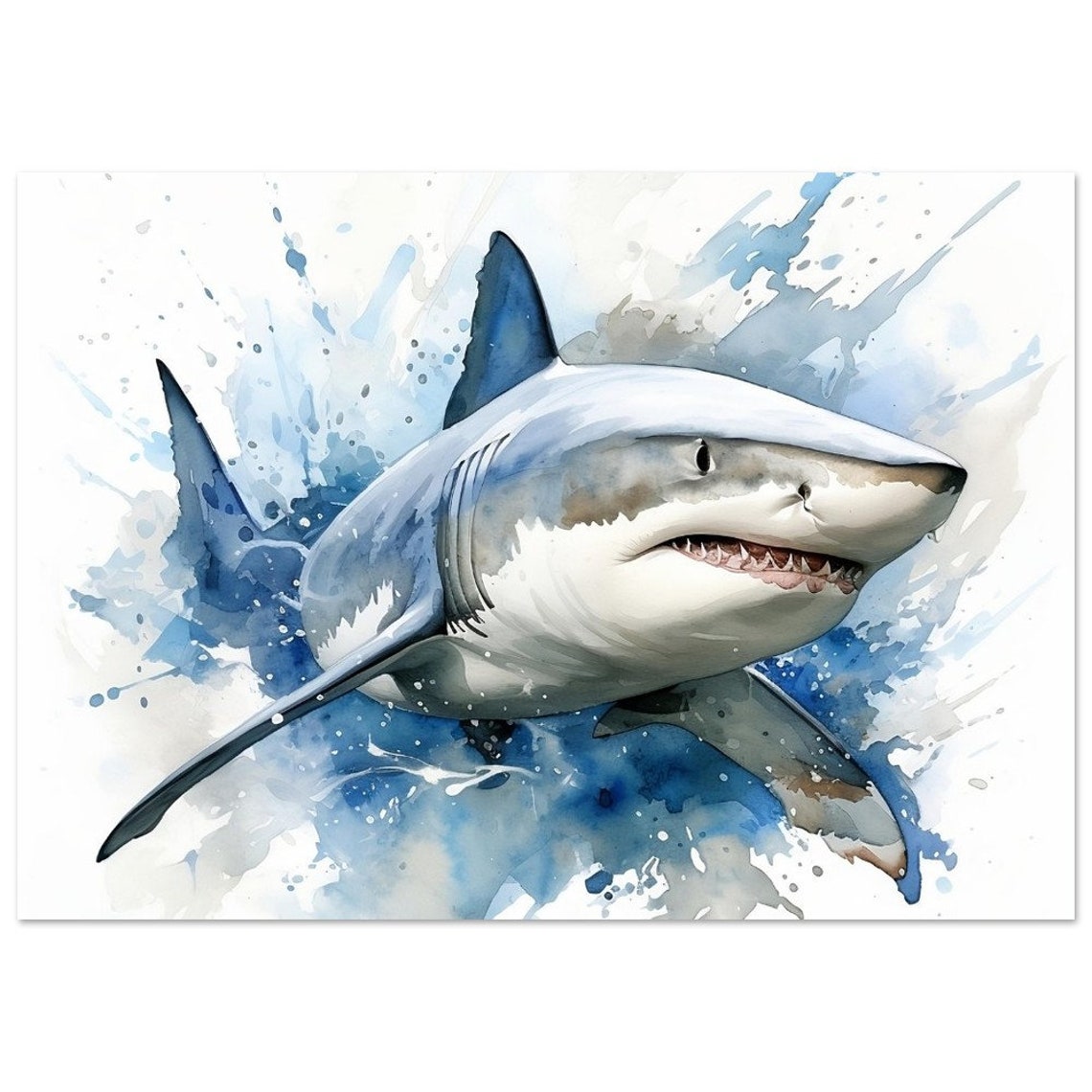 Great White Shark Swimming Fast Watercolour Ocean Animal Poster