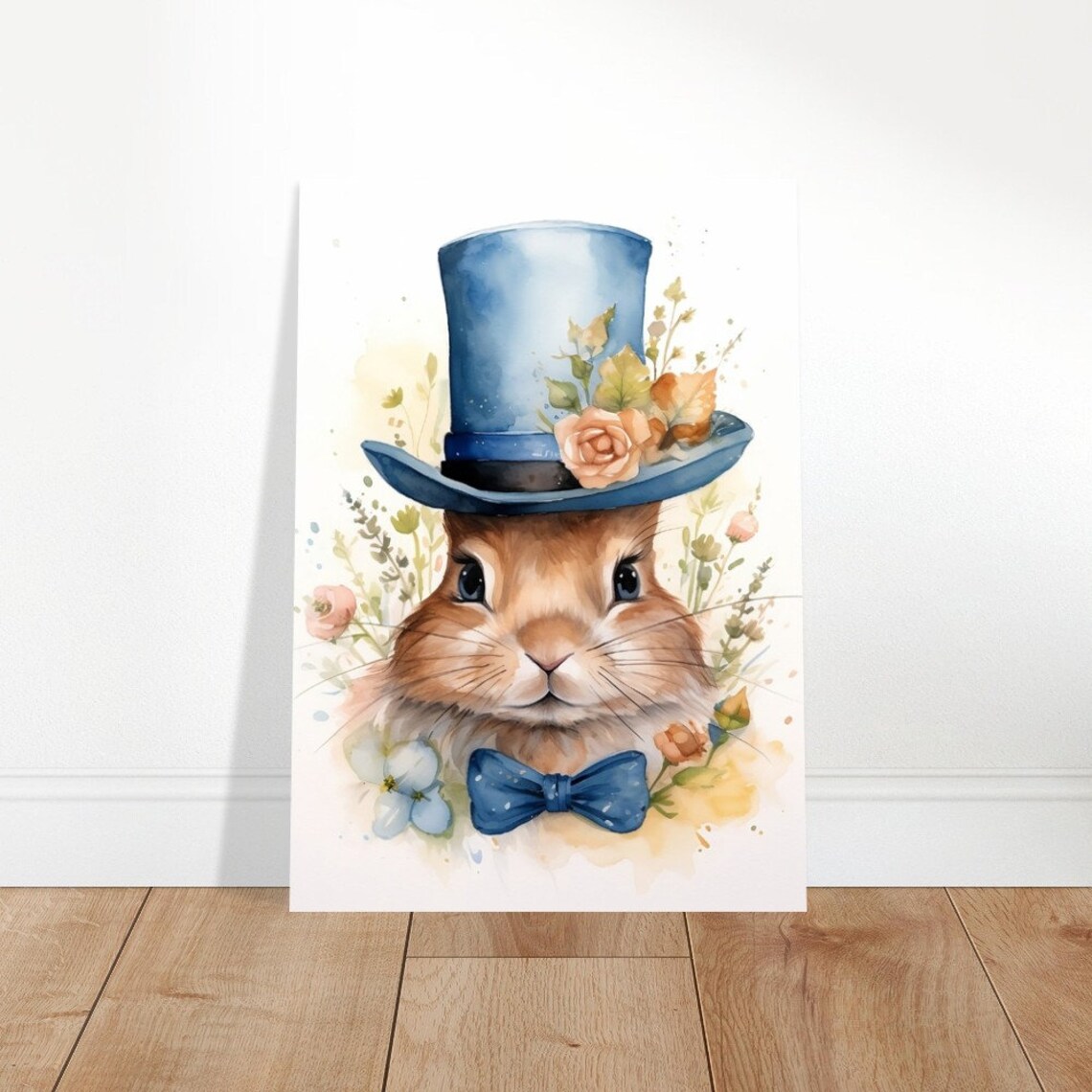 Cute Rabbit Blue Top Hat Bow Tie Watercolour Floral Art Poster - Image 3