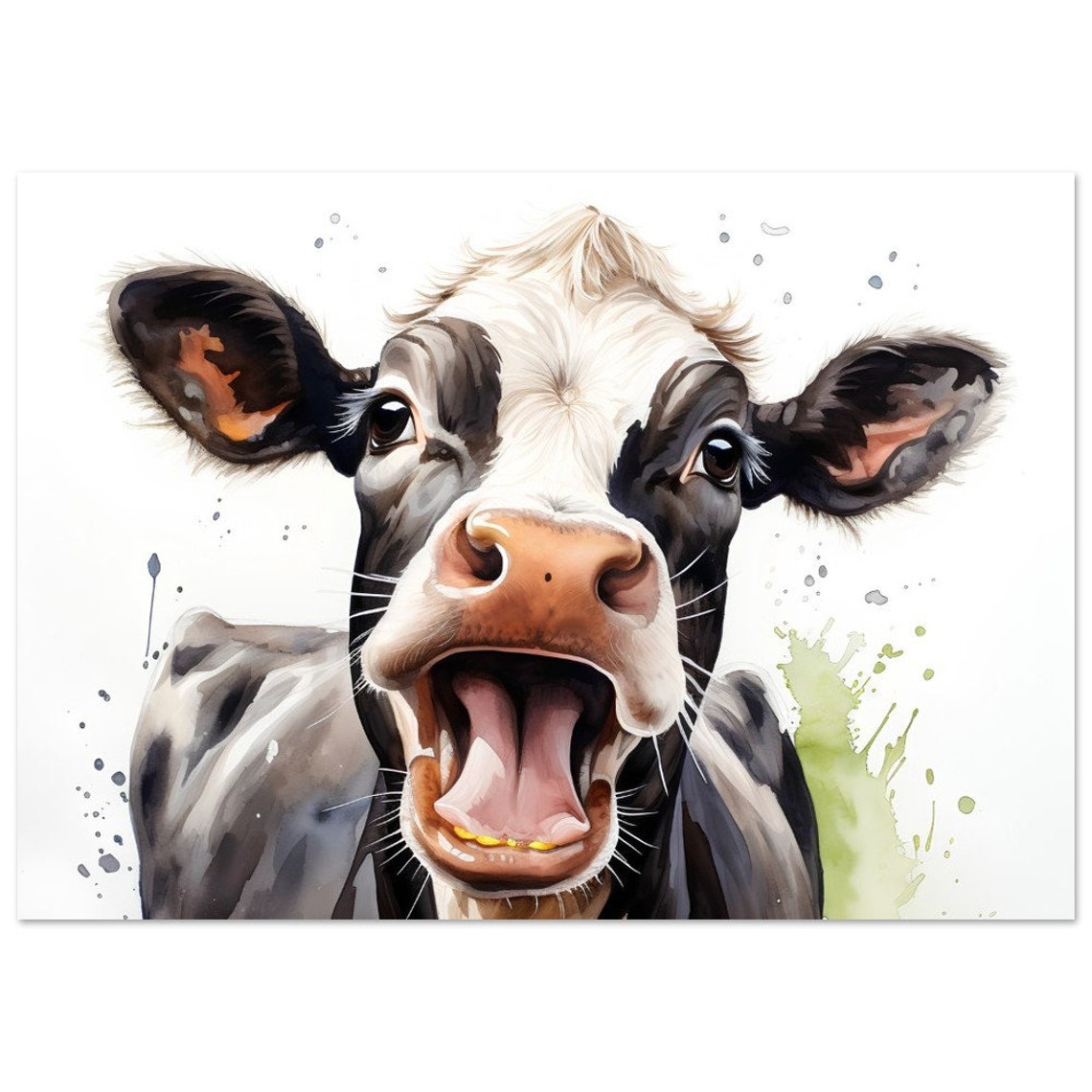 Cheerful Happy Cow Grinning Watercolour Funny Farm Animal Art Poster