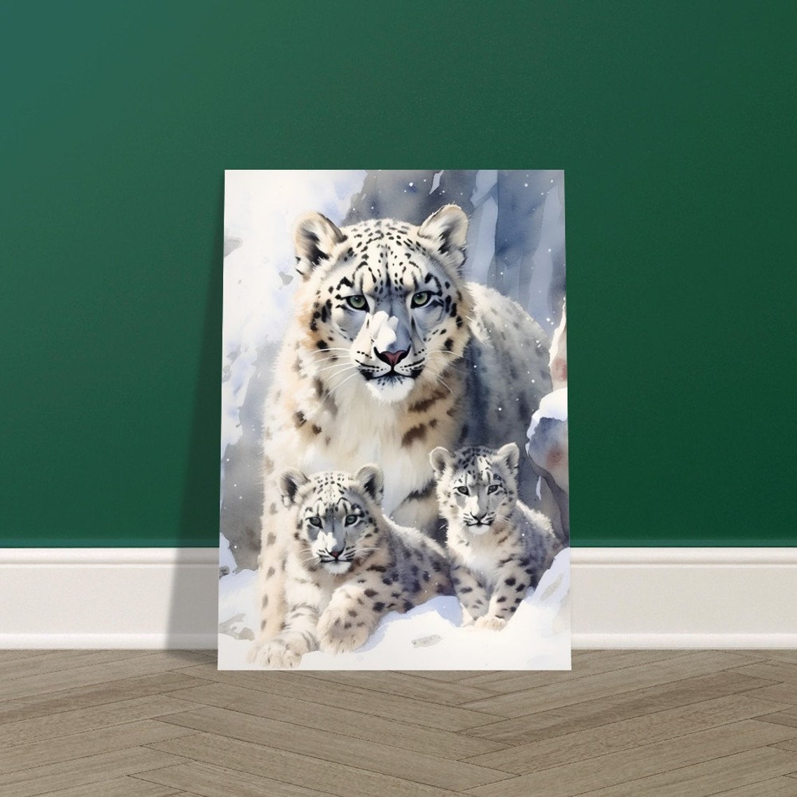 Snow Leopard Mother With Two Cubs In The Snow Watercolour Poster - Image 2