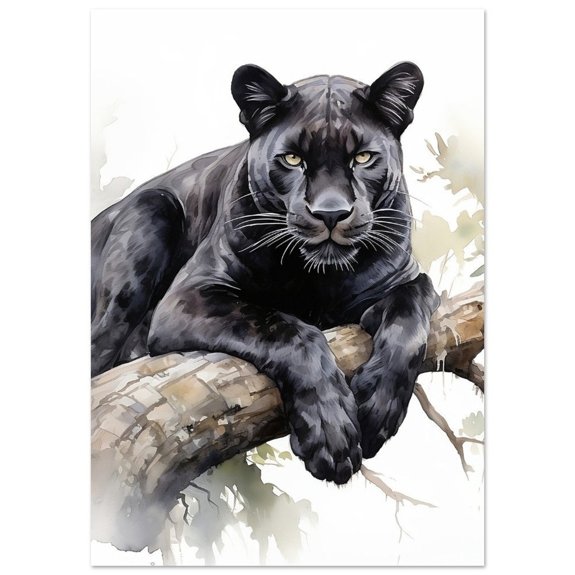 Black Panther Resting On Tree Branch Watercolour Big Cat Poster - Image 3