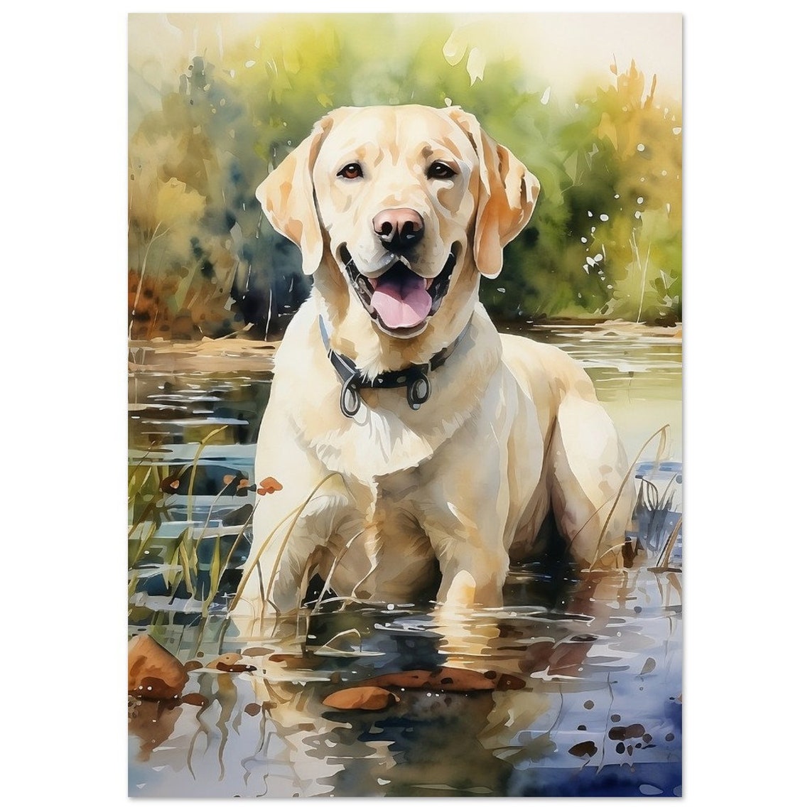 Yellow Labrador Standing River Watercolour Painting Dog Art Poster