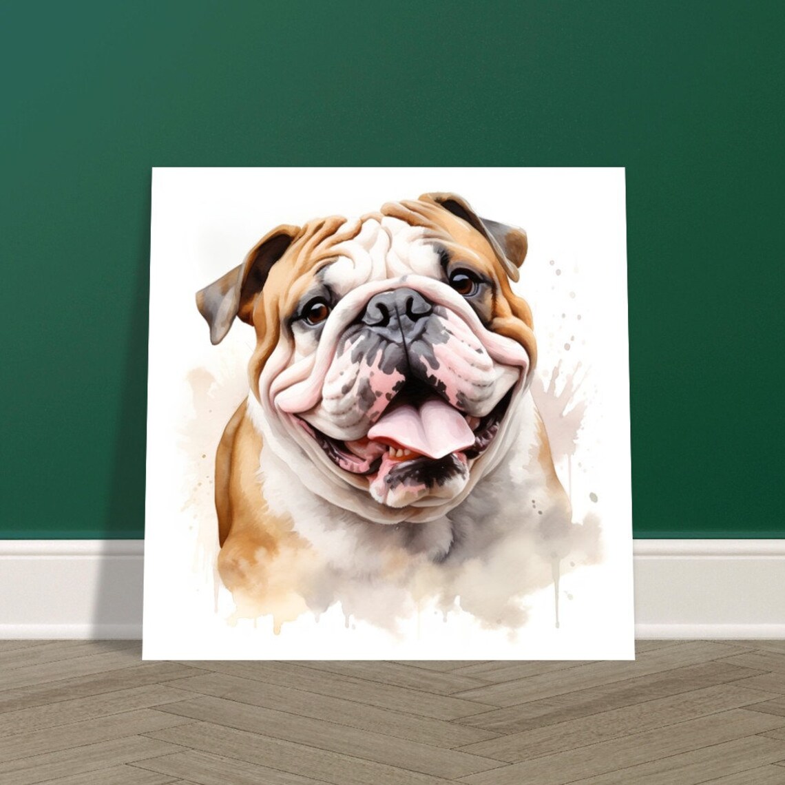 English Bulldog Smiling With Tongue Out Watercolour Portrait Poster - Image 4