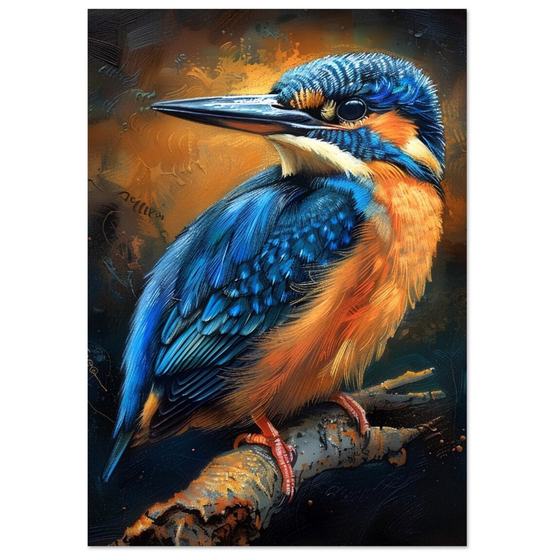 Jewel Like Kingfisher on Branch Moody Watercolour Bird Art Poster