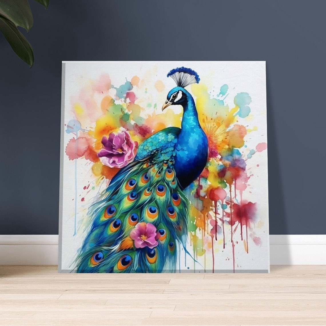 Peacock Watercolour Painting Colourful Feathers Floral Splash Poster - Image 3