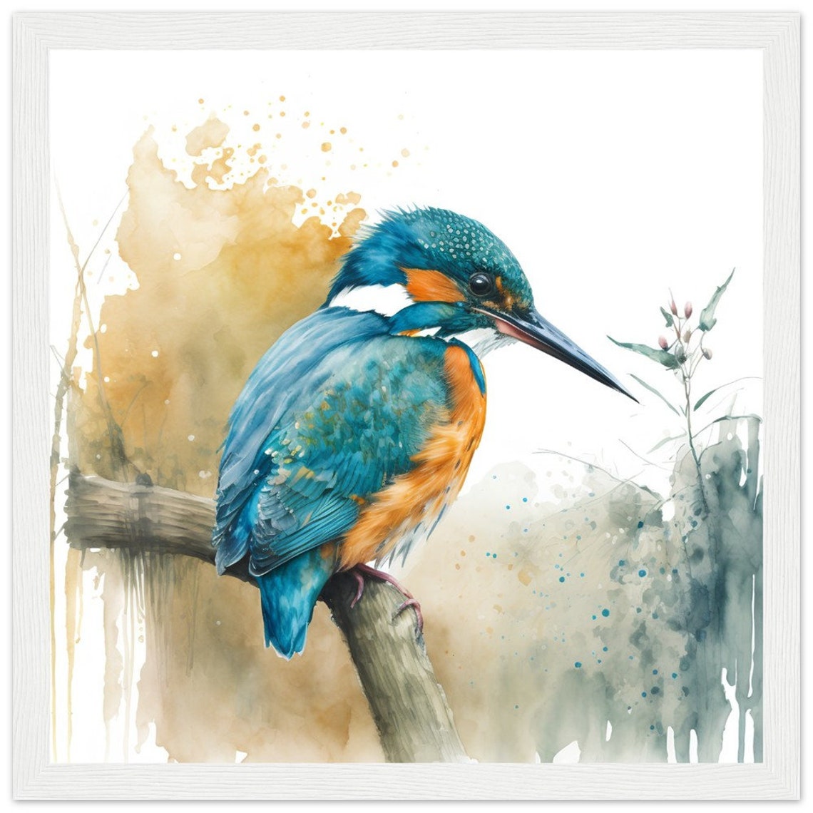 Kingfisher Watercolour Painting Perched Branch Bird Art Poster - Image 3