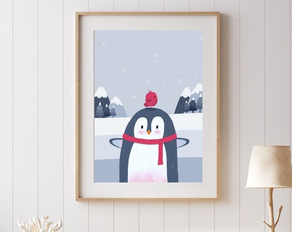Penguin Art Winter Scene Kids Room Christmas Print Cute Winter Nursery Decor Penguin Decor Winter Animal Print Childrens Art