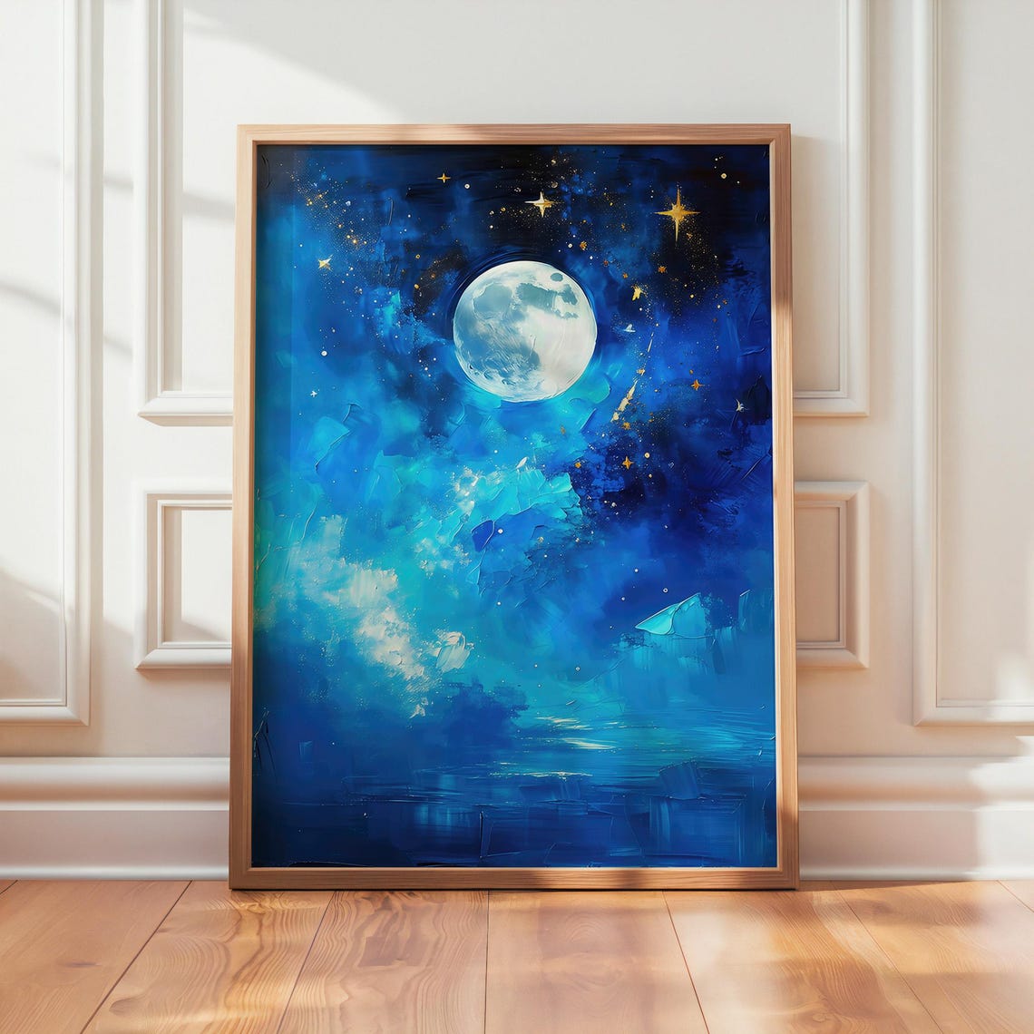 Deep Blue Starry Night Moon Gold Stars Celestial Dreamy Wall Art