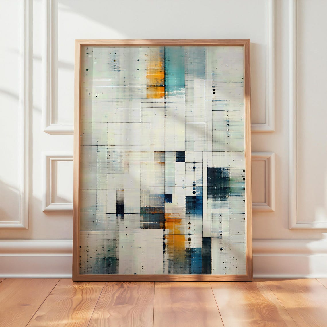 Abstract White Grid Subtle Color Accent Teal Orange Modern Wall Art