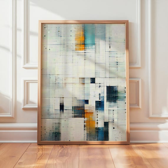 Abstract Geometric Wall Art Modern Grid Pattern With Blue Orange And Neutral Tones Minimalist Contemporary Print Living Room Office Decor