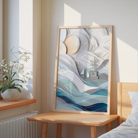 Abstract Ocean Waves Wall Art Modern Sailboat And Sun Seascape Print In Blue White Coastal Living Room Bedroom Decor